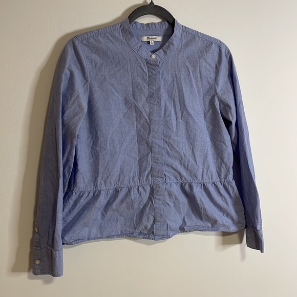 Classic Career Shirt Preppy Madewell Academia Small Blue Ruffle Button Casual - Picture 2 of 10